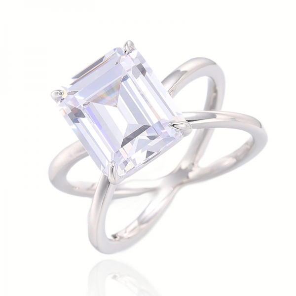 Emerald Shape Tanzanite Cubic Zircon Rhodium Silver Ring 