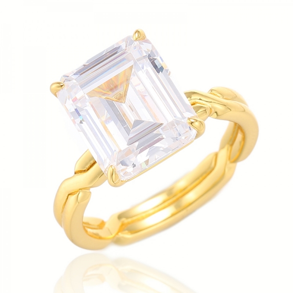 Emerald Cut White Cubic Zircon Silver Ring With Gold Plating 