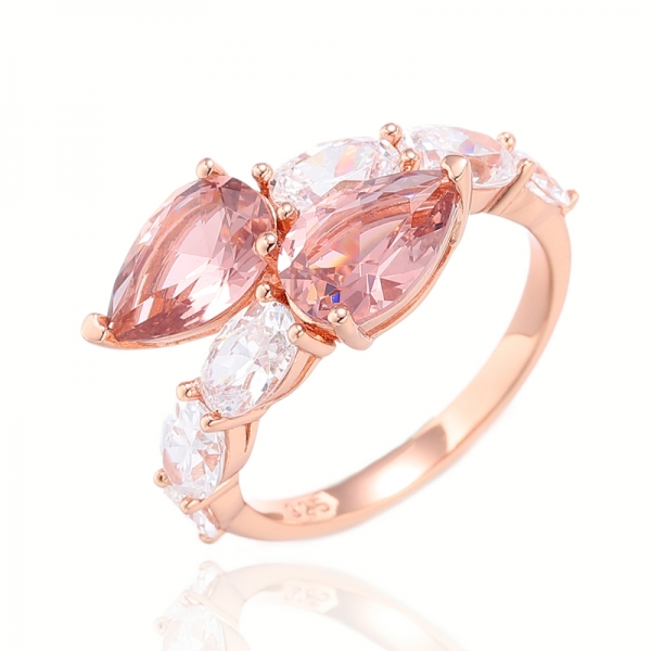 925 Pear Shape Morganite Nano And White Cubic Zircon Silver Ring With Rose Gold Plating 