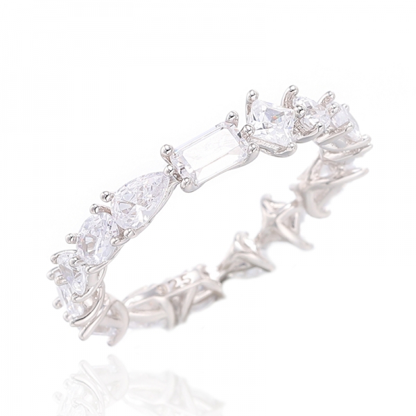 Emerald And Trillion Shape White Cubic Zircon Rhodium Silver Eternity Ring 