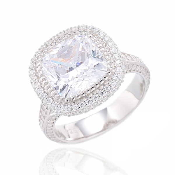 Cushion Shape Morganite Nano And Round White Cubic Zircon Silver Ring With Rose Gold Plating 