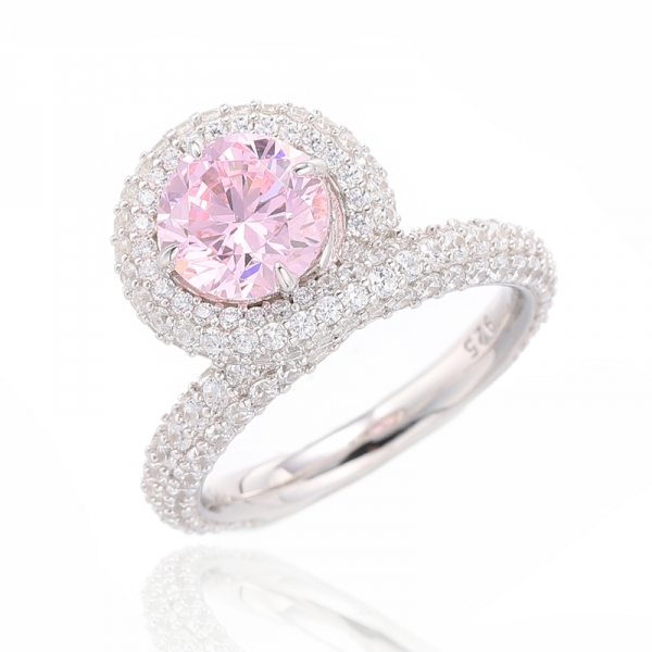 Round Diamond Pink And Round White Cubic Zircon Rhodium Silver Ring 
