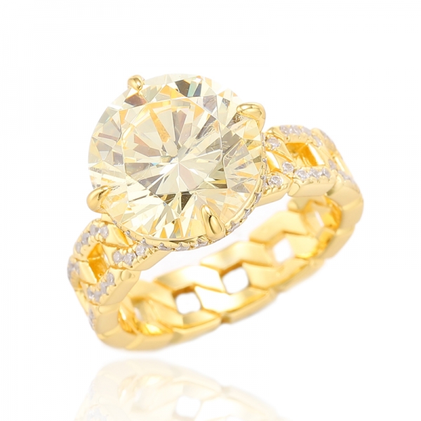 Ruond Diamond Yellow And White Cubic Zircon Silver Ring With Gold Plating 