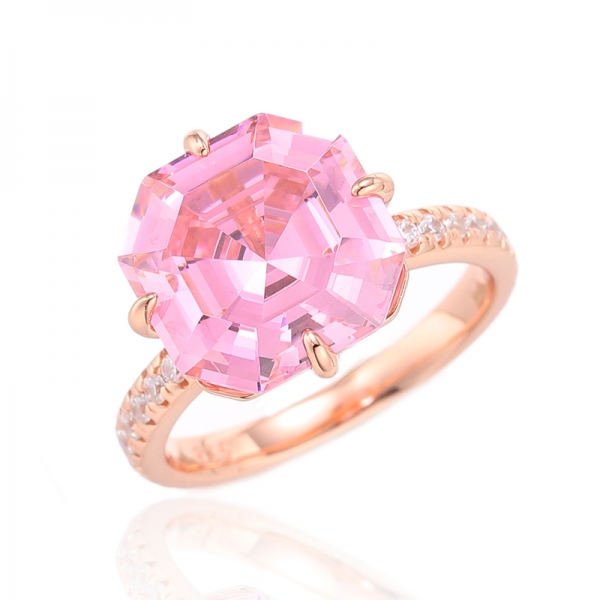 Asscher Pink And Round White Cubic Zircon Silver Ring With Rose Gold Plating 