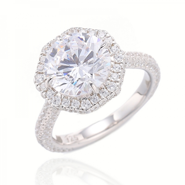 925 Round Tanzanite And White Cubic Zircon Rhodium Silver Ring 