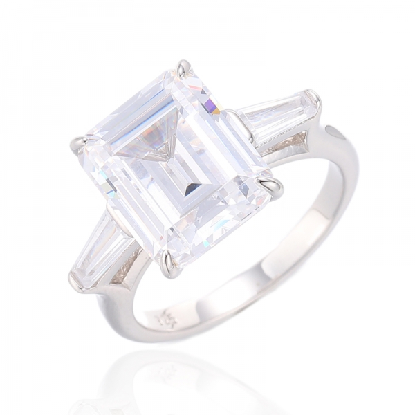 Emerald Cut Diamond Pink And Tapered White Cubic Zircon Silver Ring With Rose Gold Plating 