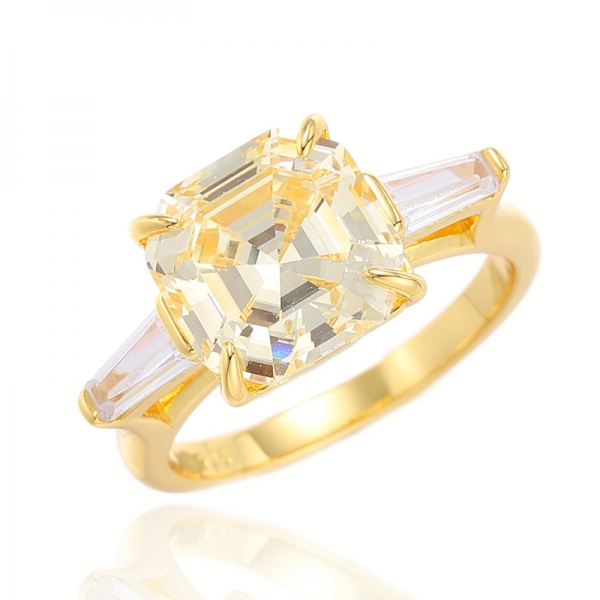 Asscher And Tapered White Cubic Zircon Rhodium Silver Ring 