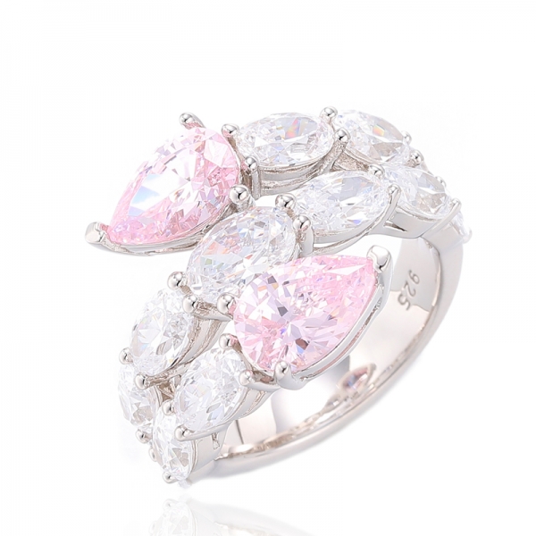 925 Pear Shape Diamond Pink And Oval Shape White Cubic Zircon Rhodium Plating Silver Ring 