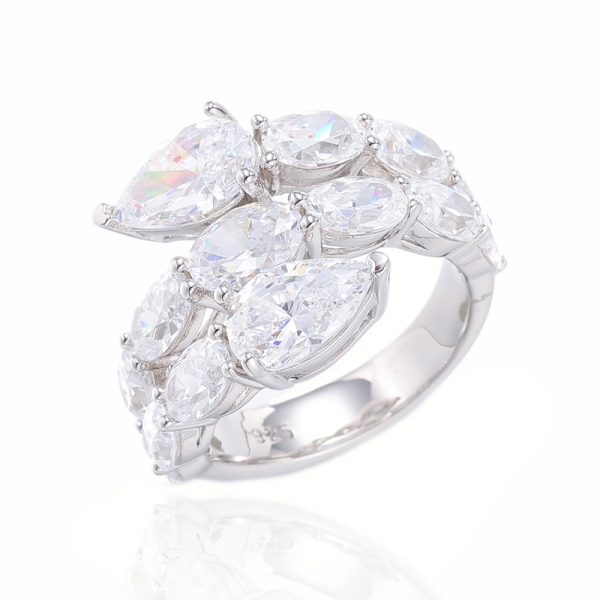 925 Pear Shape Diamond Pink And Oval Shape White Cubic Zircon Rhodium Plating Silver Ring 
