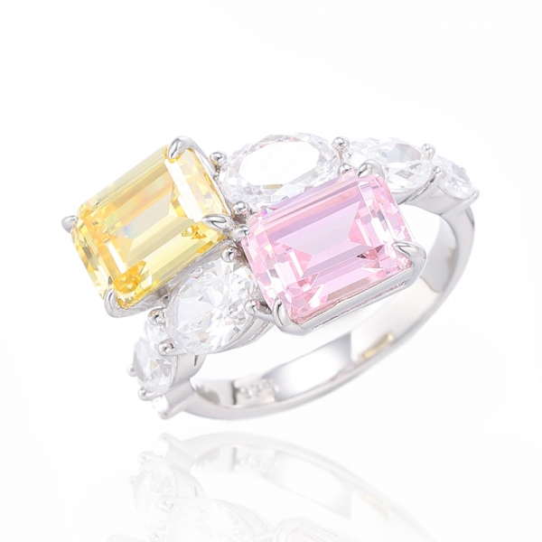 Octagon Morganite Nano And Oval Shape White Cubic Zircon Silver Ring With Rose Gold Plating 