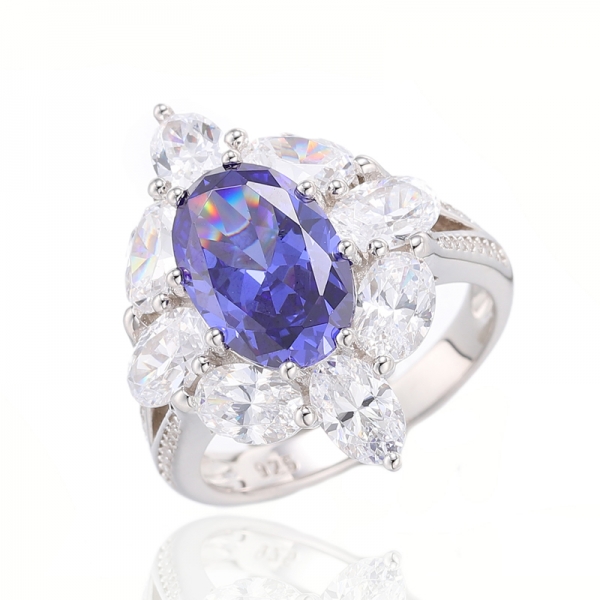 Oval Shape Diamond Pink And Round White Cubic Zircon Rhodium Silver Ring 