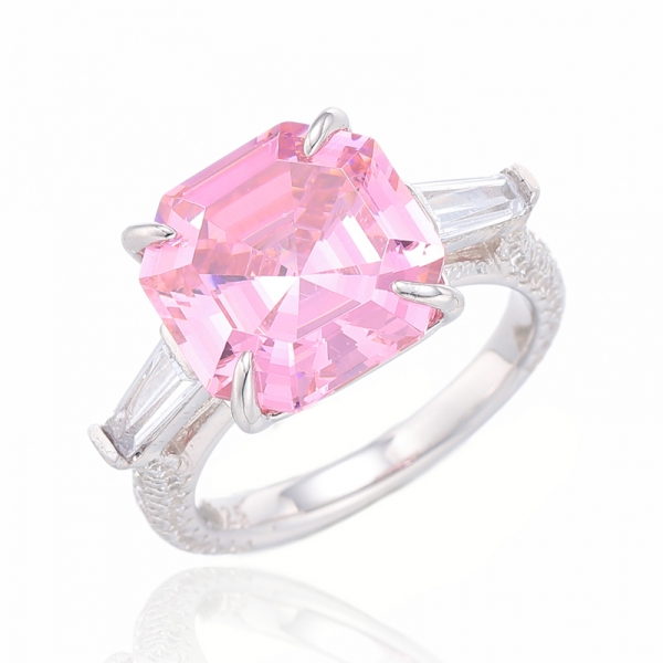 Asscher Canary And Tapered White Cubic Zircon Rhodium Silver Ring 