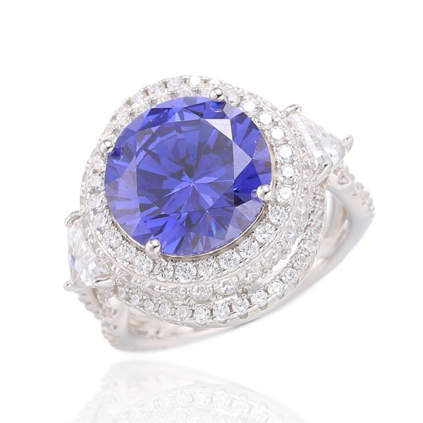 Round Tanzanite And White Cubic Zircon Rhodium Plating Silver Ring 