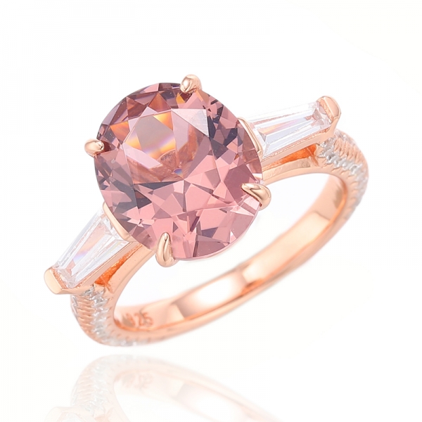 Oval Shape Morganite Nano And Tapered White Cubic Zircon Silver Ring With Rose Gold Plating 