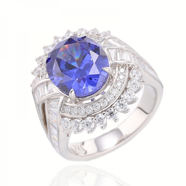 Oval Shape Diamond Pink And Baguette White Cubic Zircon Rhodium Silver Ring 