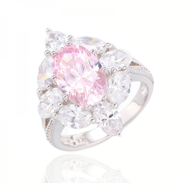 Oval Shape Diamond Pink And Round White Cubic Zircon Rhodium Silver Ring 