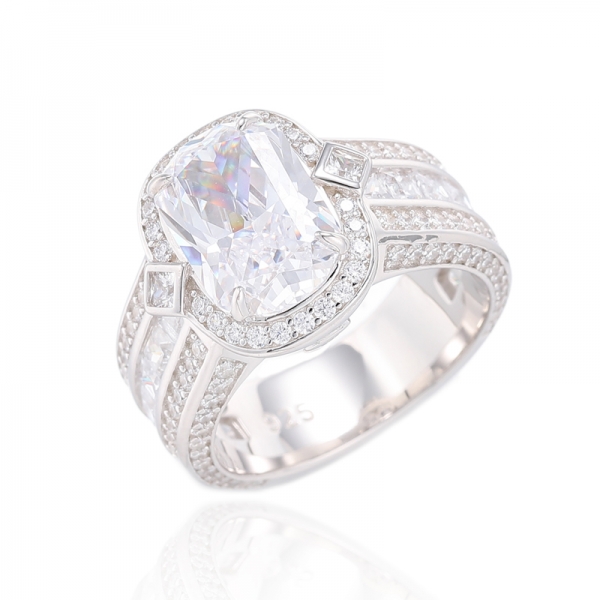 Cushion Tanzanite And Square White Cubic Zircon Rhodium Silver Ring 
