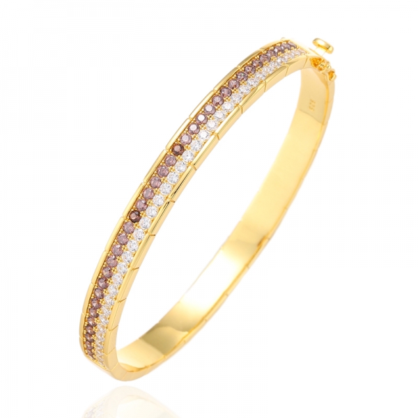 Round Mocha And White Cubic Zircon Silver Bangle With Gold Plating 