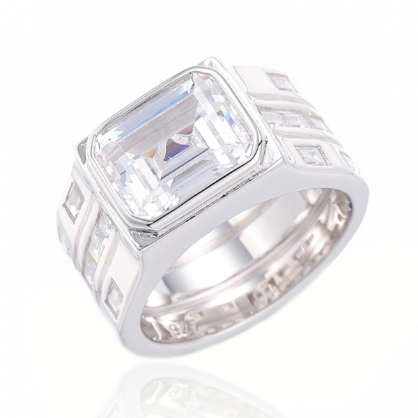 Emerald Green Nano And Baguette White Cubic Zircon Silver Ring With Rhodium And Gold Plating 