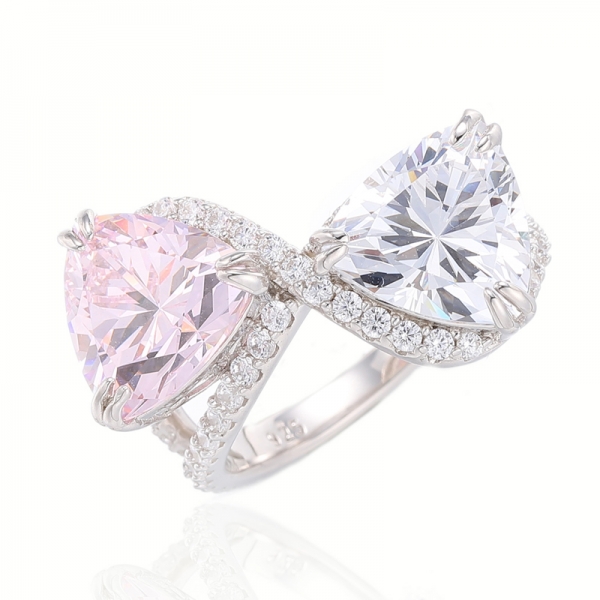 Trillion Tanzanite And Round White Cubic Zircon Rhodium Silver Ring 