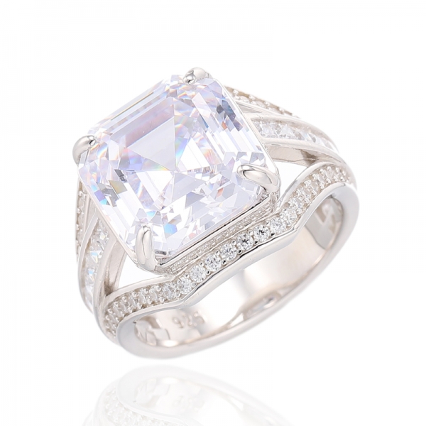 Asscher Canary And Square White Cubic Zircon Rhodium Silver Ring 