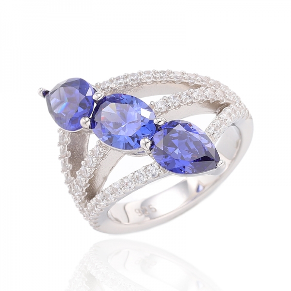 Oval And Pear Shape Tanzanite Cubic Zircon Rhodium Plating Silver Ring 