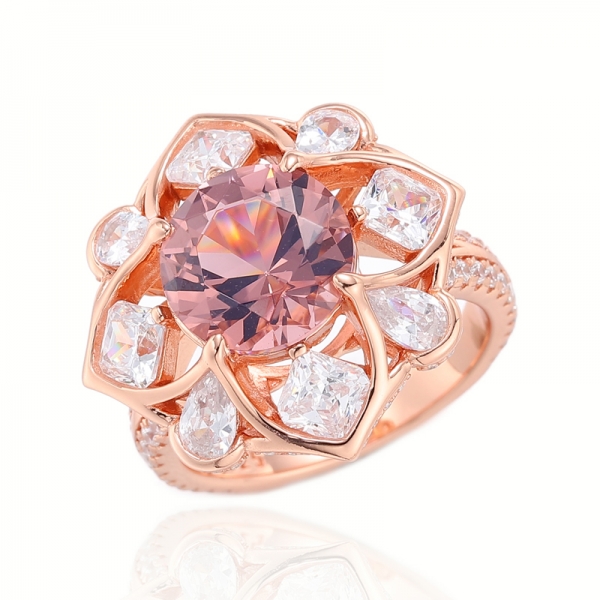 Round Diamond Pink And Octagon White Cubic Zircon Rhodium Silver Ring 
