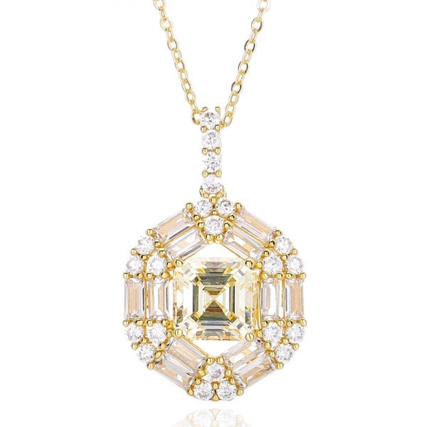 Asscher Cut Canary And Baguette White Cubic Zircon Silver Pendant With Glod Plating 