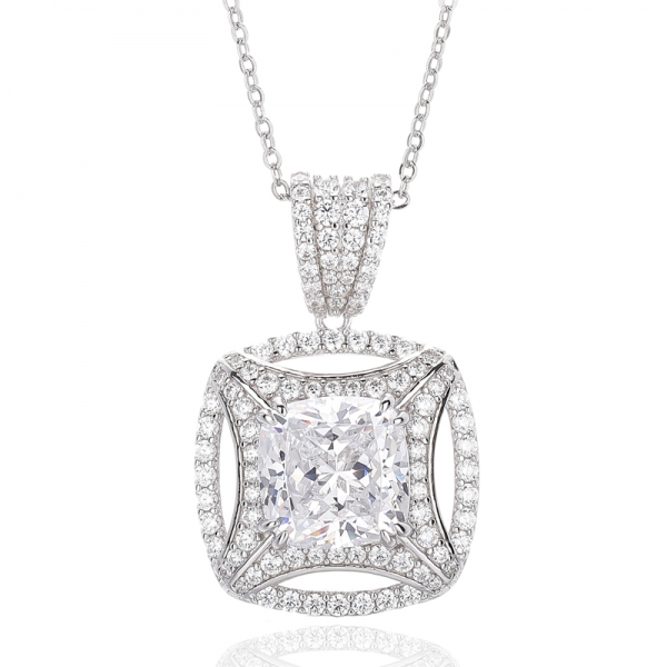 925 Cushion Morganite Nano And Round White Cubic Zircon Silver Pendant With Rose Glod Plating 