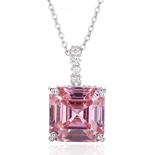 Asscher Pink And Round White Cubic Zircon Rhodium Silver Pendant 