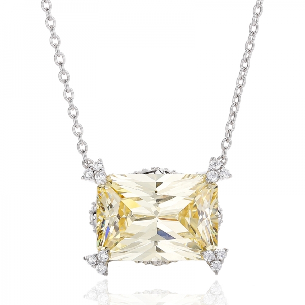 Octagon Diamond Yellow And Round White Cubic Zircon Rhodium Silver Pendant 