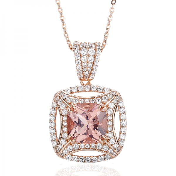 925 Cushion Morganite Nano And Round White Cubic Zircon Silver Pendant With Rose Glod Plating 