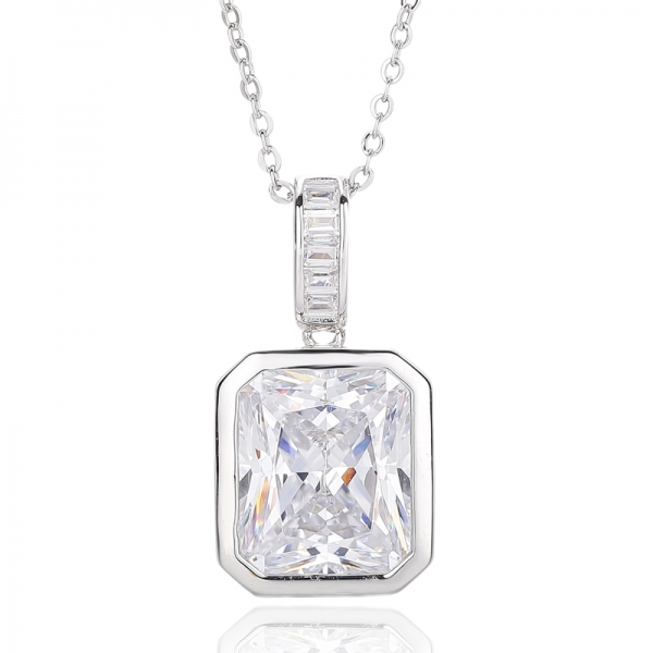 Octagon And Baguette White Cubic Zircon Rhodium Silver Pendant 