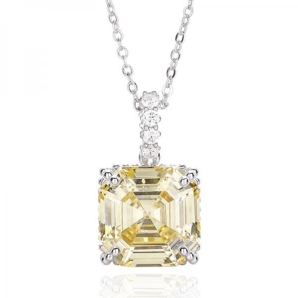Asscher Pink And Round White Cubic Zircon Rhodium Silver Pendant 