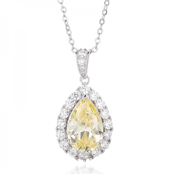 Pear Shape Diamond Yellow And Round White Cubic Zircon Rhodium Silver Pendant 