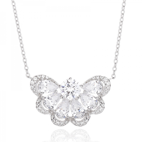 Pear Shape Pink And Round White Cubic Zircon Rhodium Silver Pendant 