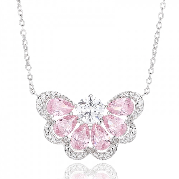 Pear Shape Pink And Round White Cubic Zircon Rhodium Silver Pendant 