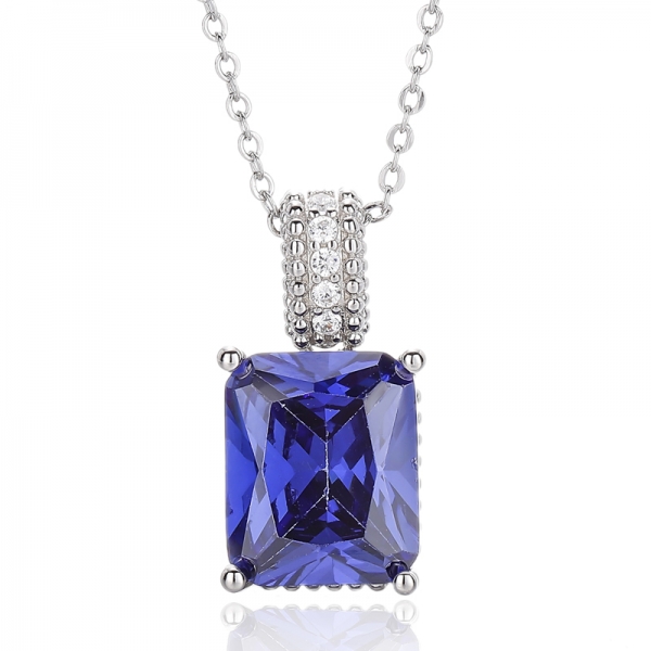 925 Octagon Tanzanite And Round White Cubic Zircon Rhodium Silver Pendant 