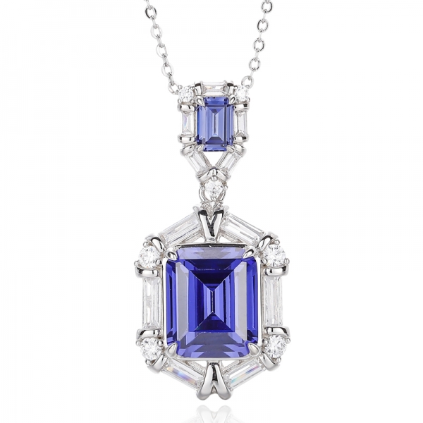 Emerald Green Nano And Baguette White Cubic Zircon Rhodium Silver Pendant 