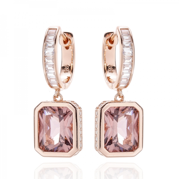 Octagon Morganite Nano And Baguette White Cubic Zircon Silver Earring With Rose Glod Plating 