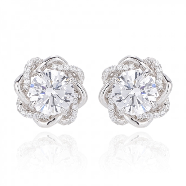 Round Morganite Nano And White Cubic Zircon Silver Earring With Rose Glod Plating 