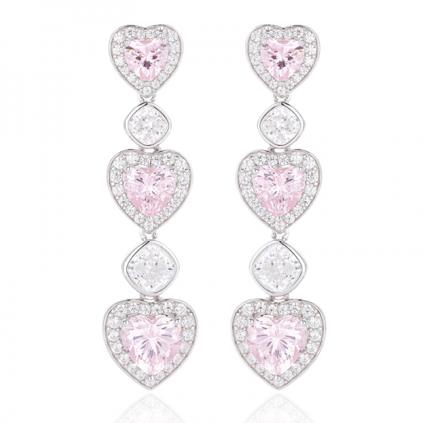 Heart Shape Diamond Pink And Cushion White Cubic Zircon Rhodium Silver Earring 