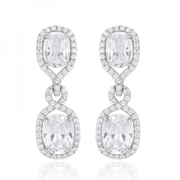 Cushion Cut Tanzanite And Round White Cubic Zircon Rhodium Silver Earring 