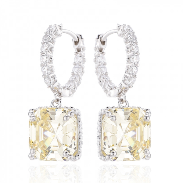 Asscher Pink And Round White Cubic Zircon Rhodium Plating Silver Earring 