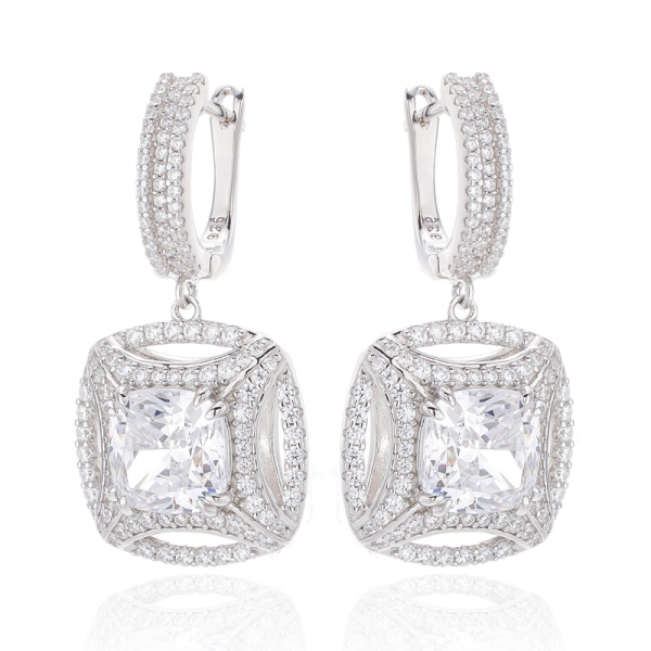 Cushion And Round White Cubic Zircon Rhodium Silver Earring 