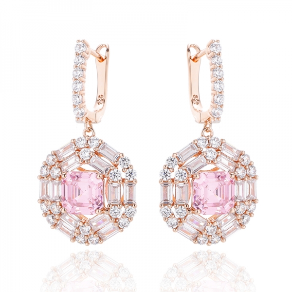 Asscher Cut Pink And Round White Cubic Zircon Silver Earring With Rose Glod Plating 