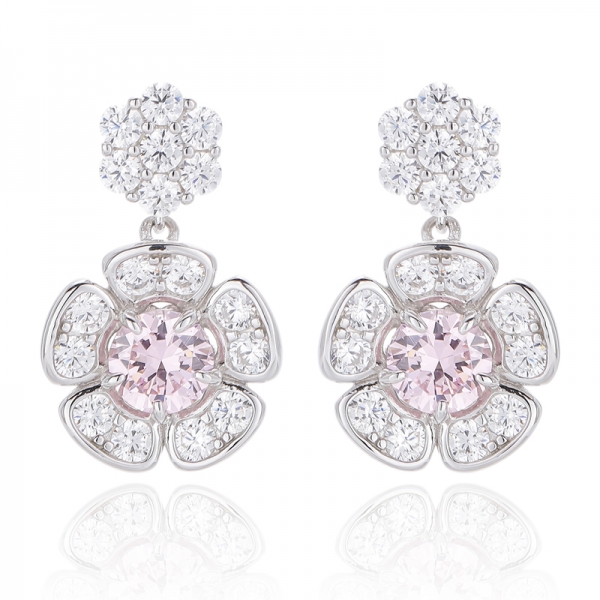 925 Round Diamond Pink And White Cubic Zircon Rhodium Silver Earring 