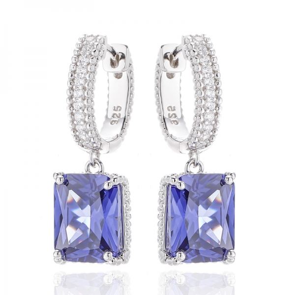 Octagon Green Nano And Round White Cubic Zircon Rhodium Silver Earring 