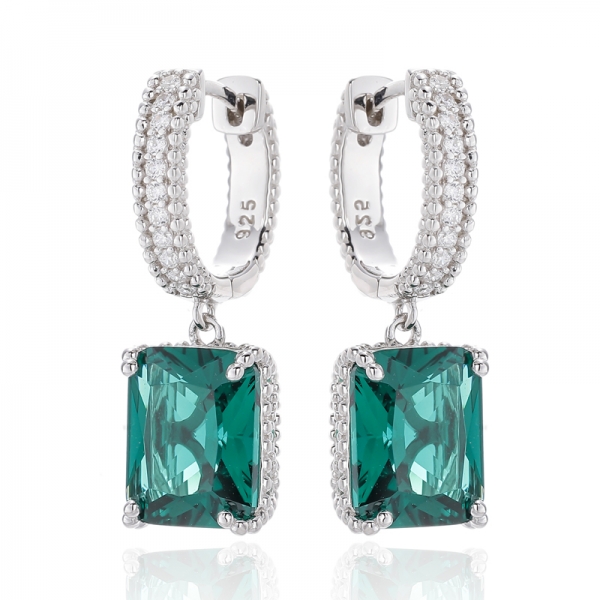 Octagon Green Nano And Round White Cubic Zircon Rhodium Silver Earring 