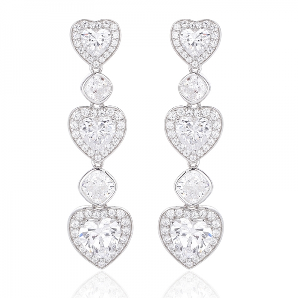 Heart Shape Diamond Pink And Cushion White Cubic Zircon Rhodium Silver Earring 